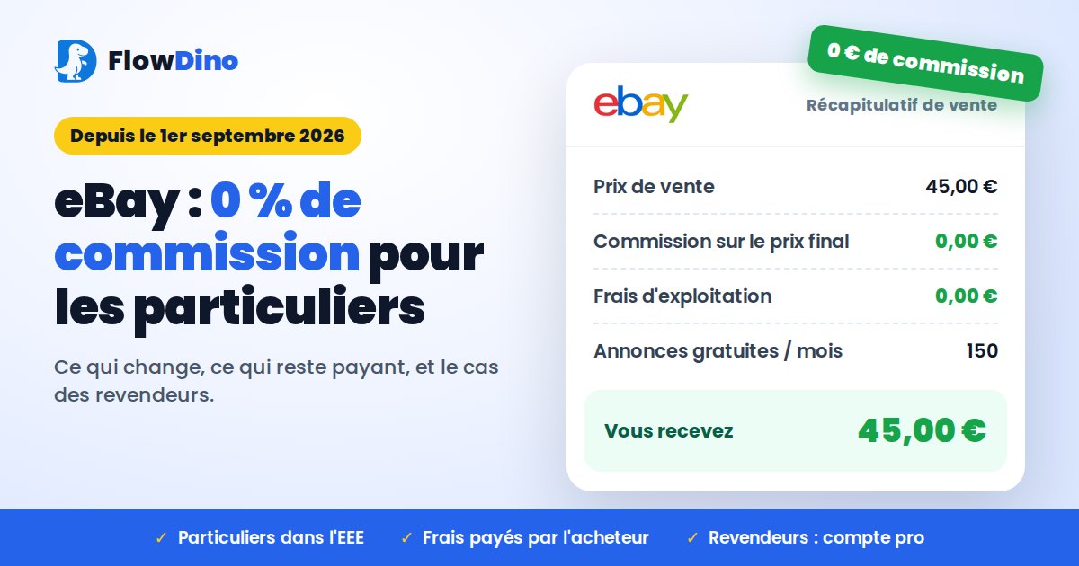 Récapitulatif de vente eBay affichant 0 € de commission sur le prix final et 0 € de frais d'exploitation pour un vendeur particulier