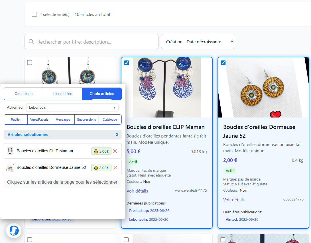 Interface de sélection d'articles FlowDino