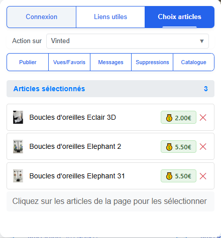 Interface de l'onglet choix des articles