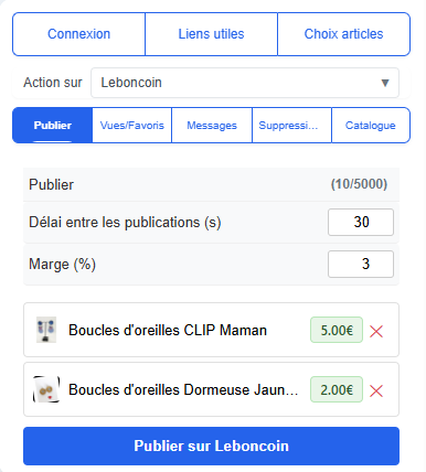 Zone de publication et paramètres