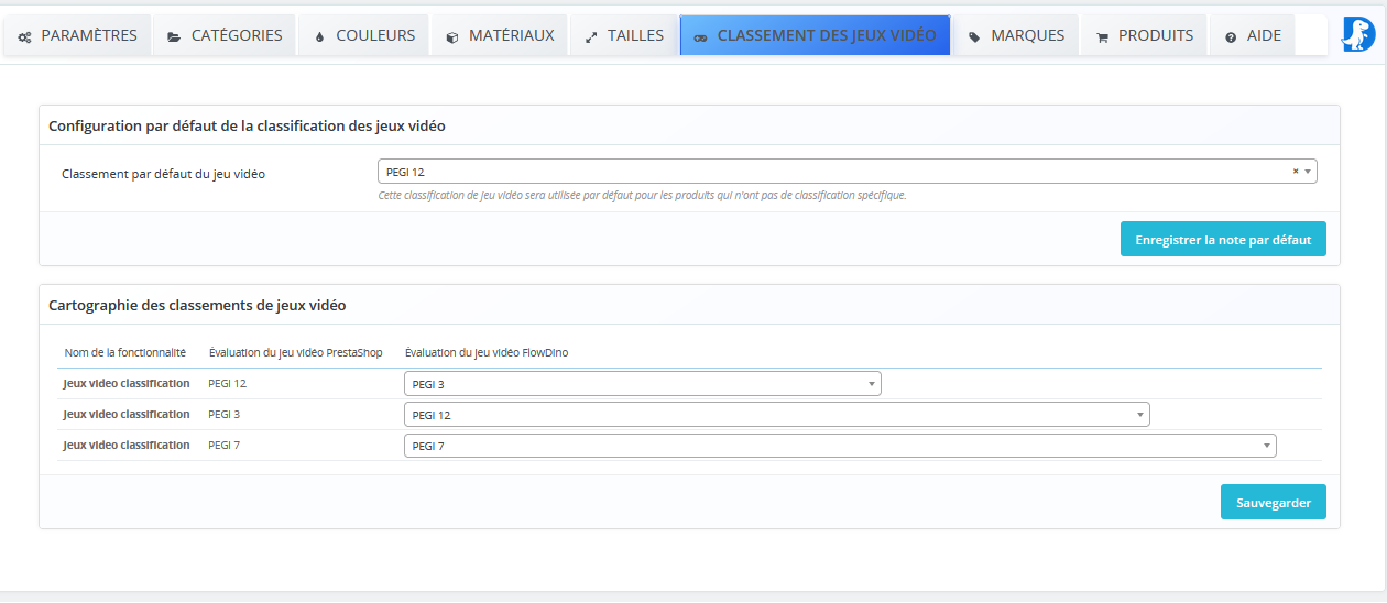 Interface de configuration du classement des jeux vidéo