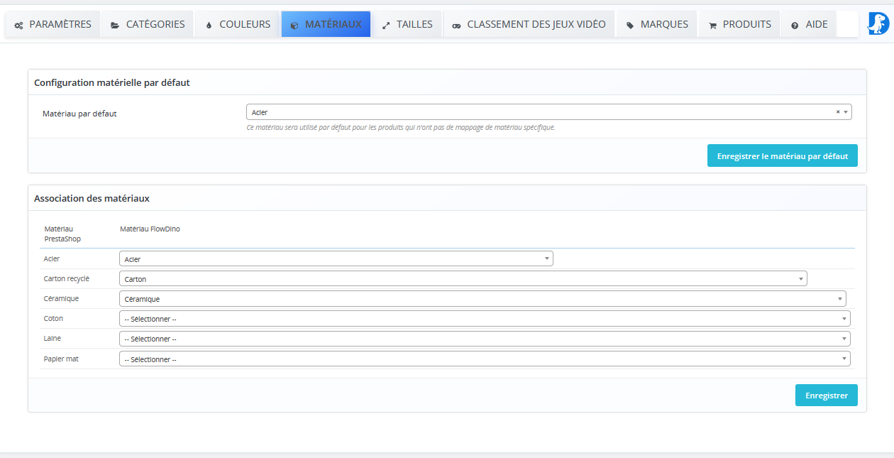 Interface de configuration des matériaux