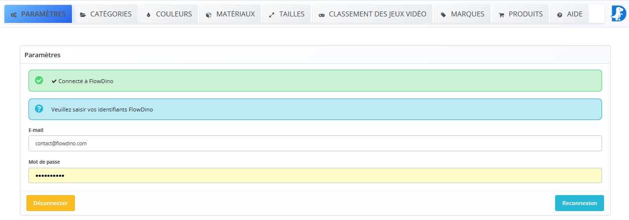 Interface de configuration des paramètres