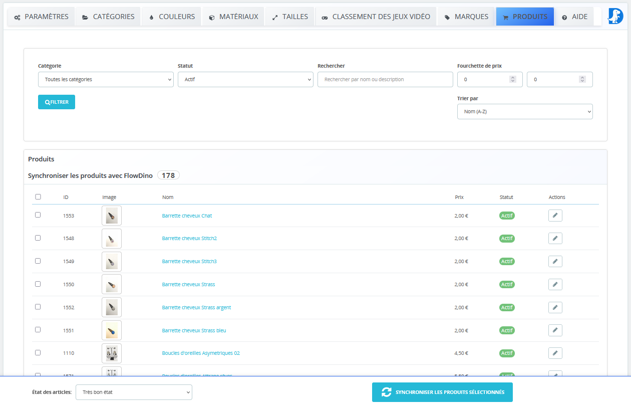 Interface de configuration des produits