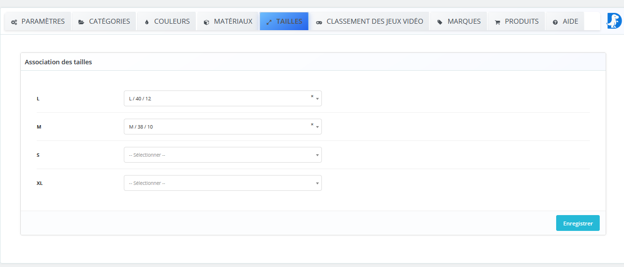 Interface de configuration des tailles