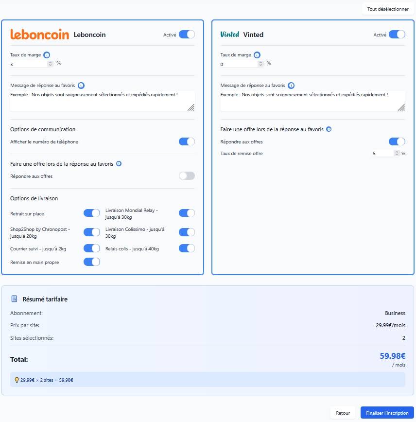 Configuration des sites de vente