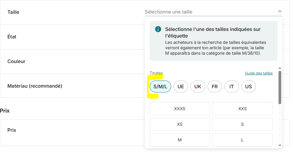 Exemple de sélection de taille sur Vinted