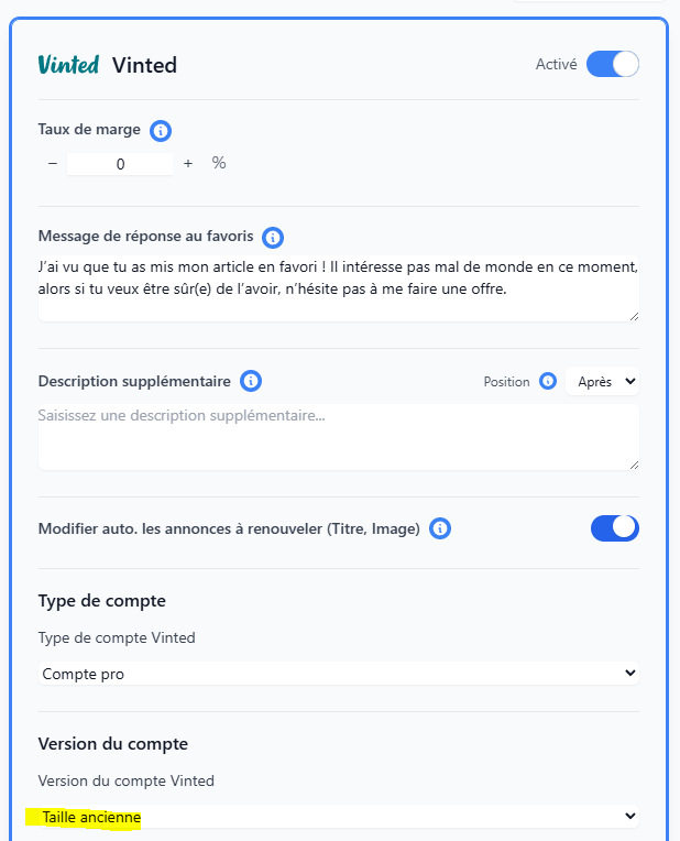 Sélecteur de taille sur une annonce Vinted